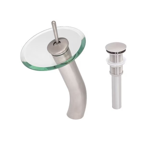 FALLS Single Lever Waterfall Vessel Faucet Set, Brushed Nickel/ Clear Glass, Novatto, Mfr#: GF-001BN-C-PUD