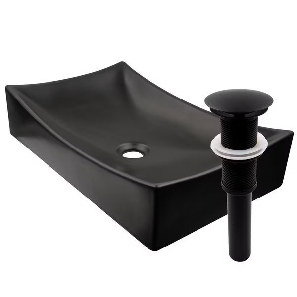 Modern Matte Black Porcelain Vessel Sink Set with Matte Black Drain and Sealer, Novatto, Mfr#: NP-01141MBMB