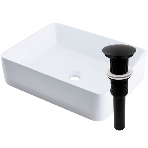 Rectangular White Porcelain Vessel Sink with Matte Black Drain Set, Novatto, Mfr#: NP-01321MB