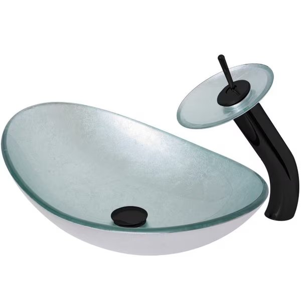 Silver Foiled Glass Slipper Vessel Sink Set, Matte Black, Novatto, Mfr#: NSFC-70328031001MB