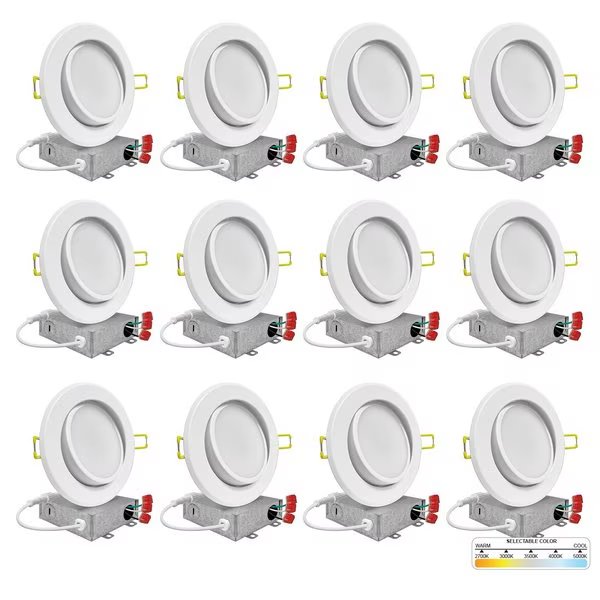6 Inch Gimbal LED Recessed Lighting for Sloped Ceiling 2700K-5000K 5CCT Canless Lights 12 Pack, Nuwatt, Mfr#: NW-P-ADJDL-6-12W-5CT-WH-12P
