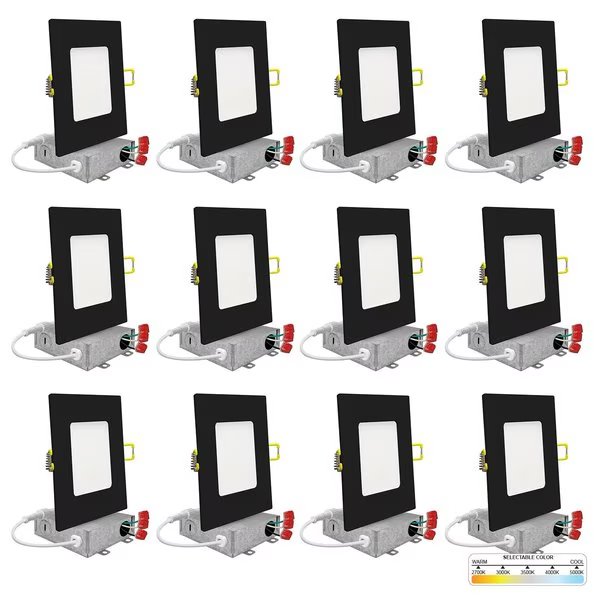 4" Square Ultra Thin Black Trim LED Recessed Lighting 5CCT 2700K/3000K/3500K/4000K/5000K 12 PK, Nuwatt, Mfr#: NW-P-SQDL-4-9W-5CT-BLK-12P