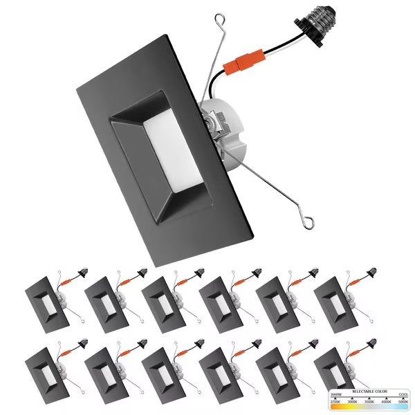6" LED Square Retrofit Black Trim Recessed Lights 5CCT 2700K/3000K/3500K/4000K/5000K Selectable 12PK, Nuwatt, Mfr#: NW-SQ-C6-14W-5CCT-BLK-12P