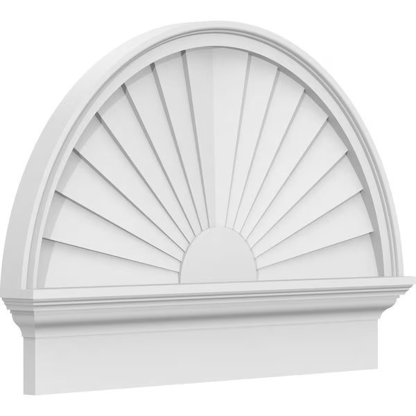 Half Round Sunburst Architectural Grade PVC Combination Pediment, 30"W x 21-3/4"H x 2-3/4"P, Ekena Millwork, Mfr#: PEDPC030X220HRO01