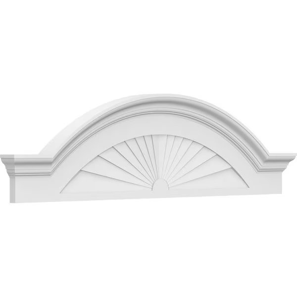 Segment Arch W/ Flankers Sunburst Architectural Grade PVC Pediment, 50"W x 13-1/2"H x 2-1/2"P, Ekena Millwork, Mfr#: PEDPS050X135SGF01