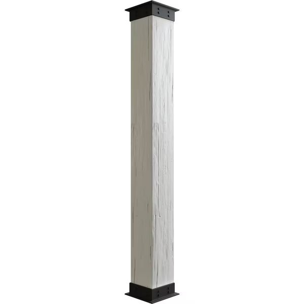 Hand Hewn Faux Wood Non-Tapered Square Column Wrap w/ Faux Iron Capital & Base, 10"W x 8'H, Ekena Millwork, Mfr#: COLUHH10X096IRUF