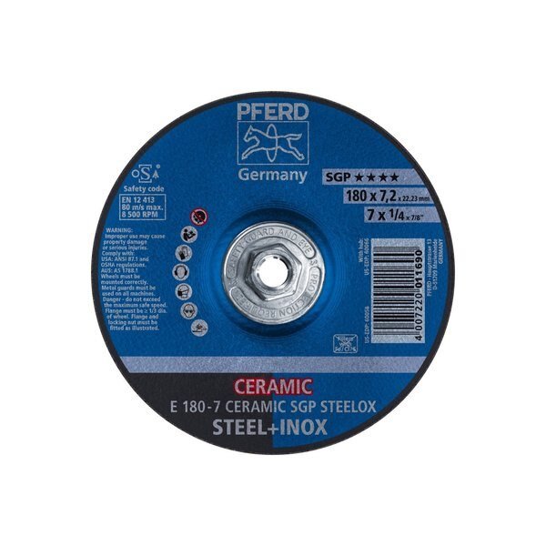 Grinding Wheel, T27, 7"x1/4"x5/8"-11", Type 27, 7 in Dia, 1/4 in Thick, 5/8"-11 Arbor Hole Size, Pferd, Mfr#: 60066