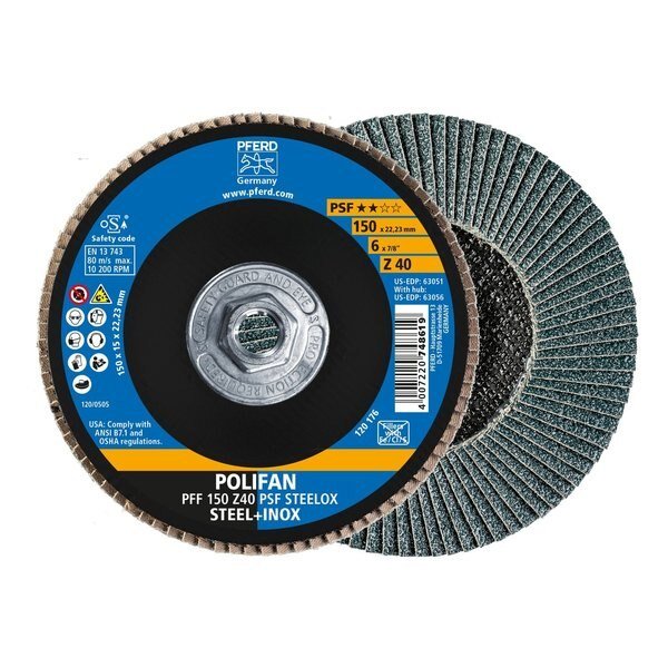 6" x 5/8-11 Thd. POLIFAN® Flap Disc - Z PSF STEELOX, Zirconia, 40 Grit, Flat, Pferd, Mfr#: 63056