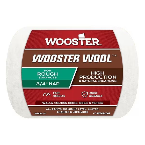 4" Paint Roller Cover, 3/4" Nap Nap, Wool, Wooster, Mfr#: 0RR6330040