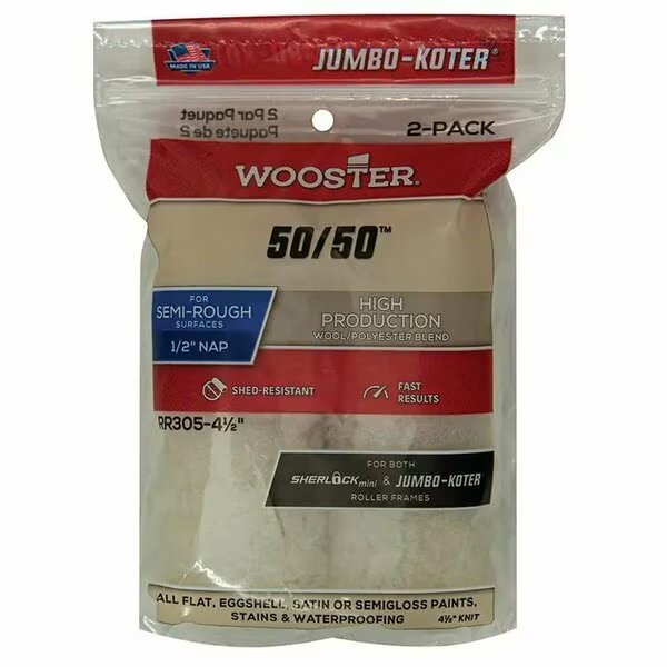 4-1/2" Mini Paint Roller Cover, 1/2" Nap Nap, Knit Fabric, 2 PK, Wooster, Mfr#: RR305