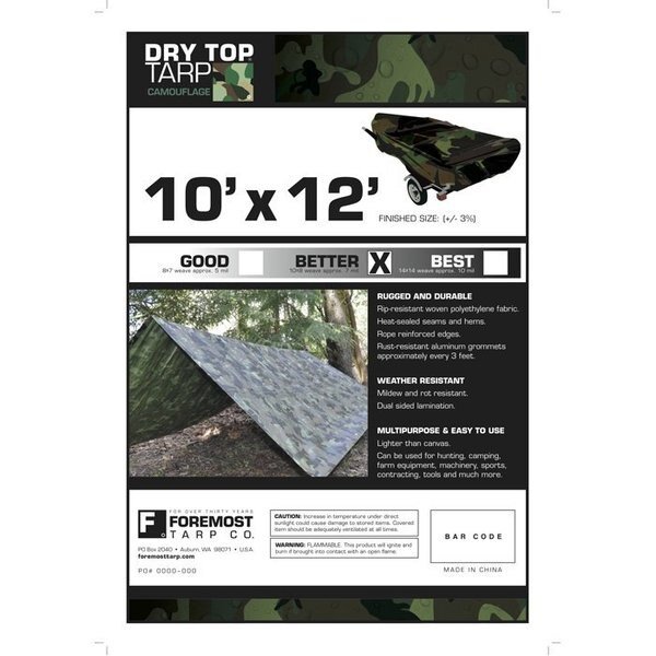 10 ft x 12 ft 7 mil Tarp, Camouflage, Polyethylene, Weather Resistant, Fgi, Mfr#: 41012