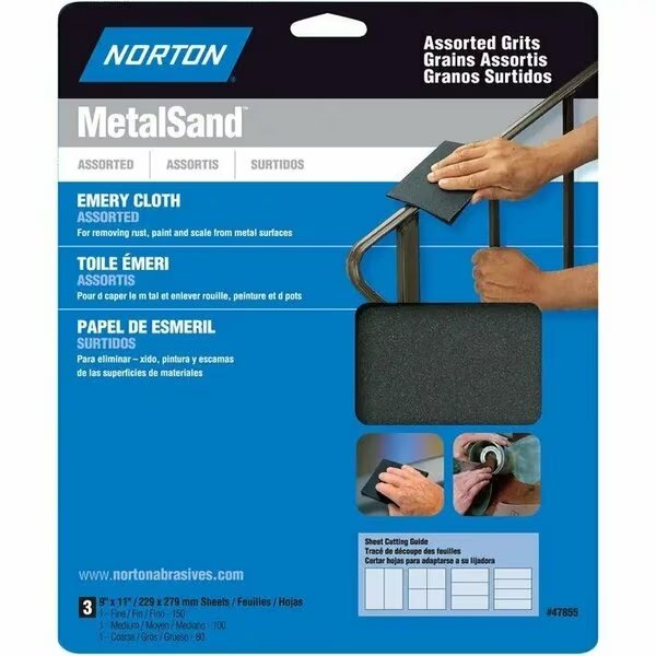 9" x 11" MetalSand Emery Cloth Sanding Sheet Assorted, PK 3, Norton Co, Mfr#: 47855