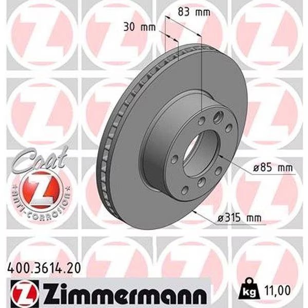 Brake Disc - Standard/Coated, 400.3614.20, Zimmermann, Mfr#: 400.3614.20