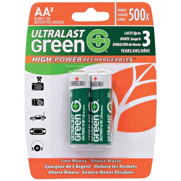 Green High-Power Rechargeables AA Batteries, Pack/2, Ultralast, Mfr#: ULGHP2AA