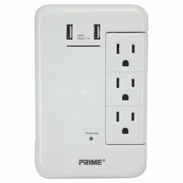 6-Outlet Wall Tap with 1,200-Joule Surge Protection and Dual USB Charger, Prime, Mfr#: PBRUSB346S