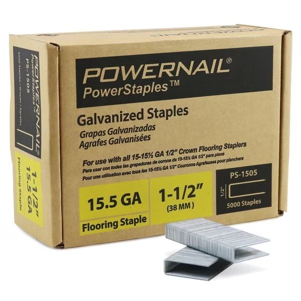 Flooring Staples, 15.5 ga, 1-1/2 in Leg L, Steel, 5000 PK, Powernail, Mfr#: PS1505