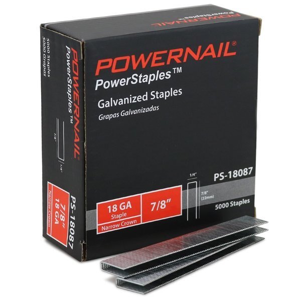 Staples, 18 ga, Narrow Crown, 7/8 in Leg L, Steel, 5000 PK, Powernail, Mfr#: PS18087
