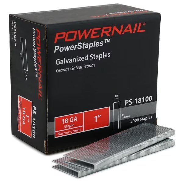 Staples, 18 ga, Narrow Crown, 1 in Leg L, Steel, 5000 PK, Powernail, Mfr#: PS18100
