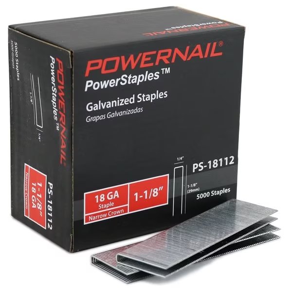 Staples, 18 ga, Narrow Crown, 1-1/8 in Leg L, Steel, 5000 PK, Powernail, Mfr#: PS18112