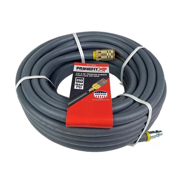 1/4in x 50 Foot Premium Rubber Push Lock Air Hose with Coupler and Plug, Primefit, Mfr#: NPL14050C