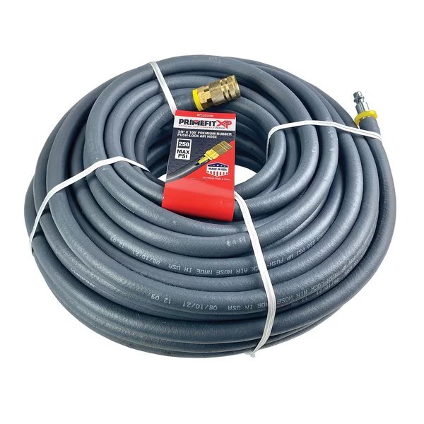 3/8in x 100 Foot Premium Rubber Push Lock Air Hose with Coupler and Plug, Primefit, Mfr#: NPL38100C