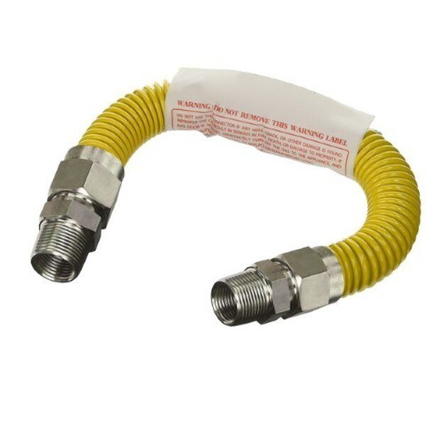 Gas Line Hose 3/8'' O.D.x12'' Len 1/2"x3/8" MIP Fittings Yellow Coated Stainless Steel Flexible, Flextron, Mfr#: FTGC-YC14-12D