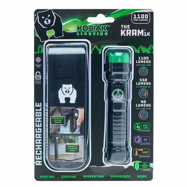 Tactical Flashlight with Magnetic Charging, Rechargeable, 1000 Lumens, Kodiak, Mfr#: K-1KMAGFL-6/12