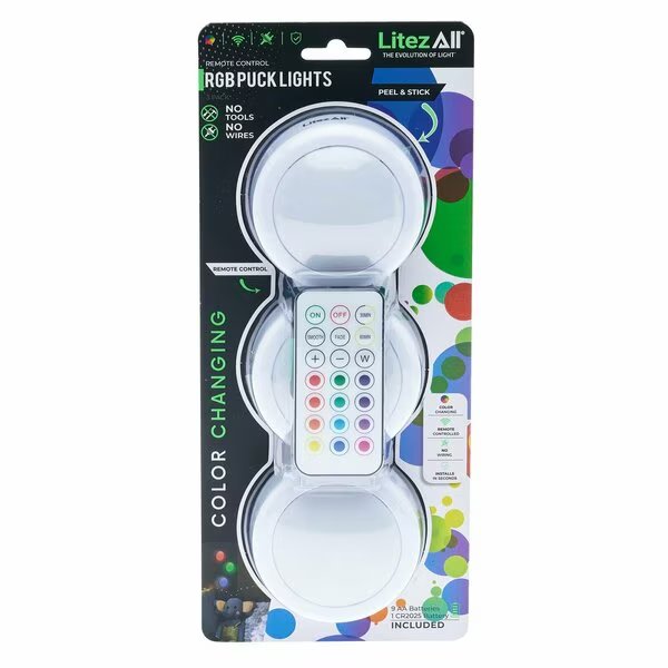 Remote Control RGB Puck Lights 3 Pack, Promier Products, Mfr#: LA-RGBLGx3-6/24