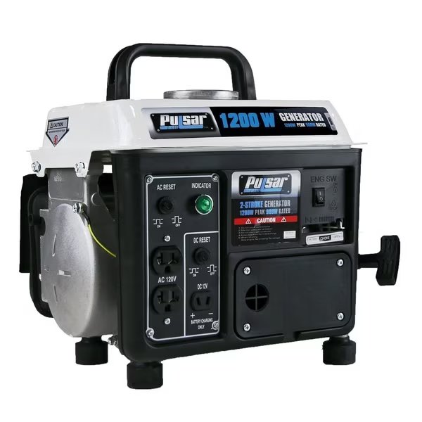 Portable Generator, Gasoline, 900 W Rated, 1,200 W Surge, Recoil Start, 120V AC/12V DC, 8.3/7.5 A, Pulsar, Mfr#: PG1202SA