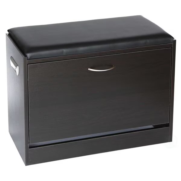 Black Wooden Fold-out Shoe Organizer - Shoe Storage Bench with Leather Cushion, Basicwise, Mfr#: QI003384