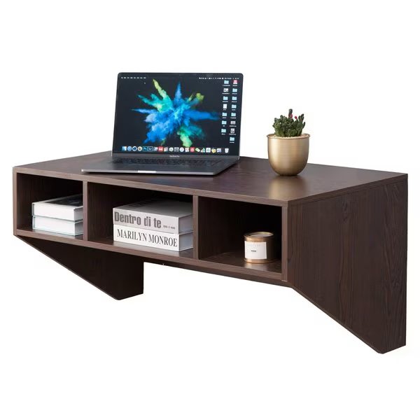 Wall Mounted Office Computer Desk with Three Compartments, Brown, Basicwise, Mfr#: QI003675B