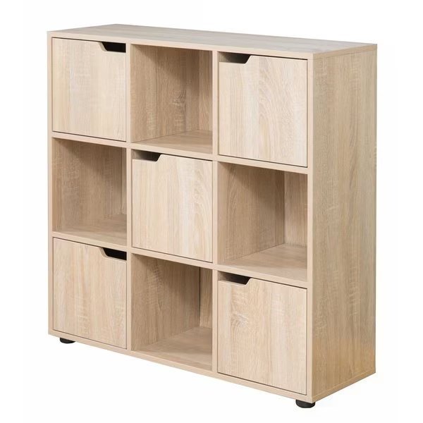 9 Cube Wooden Organizer With 5 Enclosed Doors and 4 Shelves, Oak, Basicwise, Mfr#: QI003677O