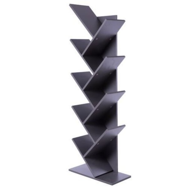Wooden 9-Shelf Tree Magazine CD Storage Bookcase, Gray, Basicwise, Mfr#: QI003457.G