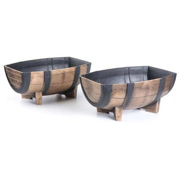 Rustic Wood- Look Plastic Half Barrel Flower Pot Garden Planter, PK 2, Gardenised, Mfr#: QI003695