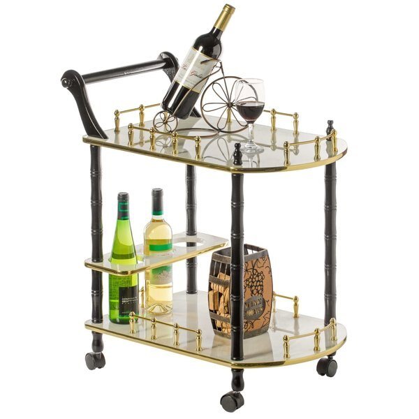 Wood Serving Bar Cart Tea Trolley with 2 Tier Shelves and Rolling Wheels, Gold, Black and White, Fabulaxe, Mfr#: QI003776.WT
