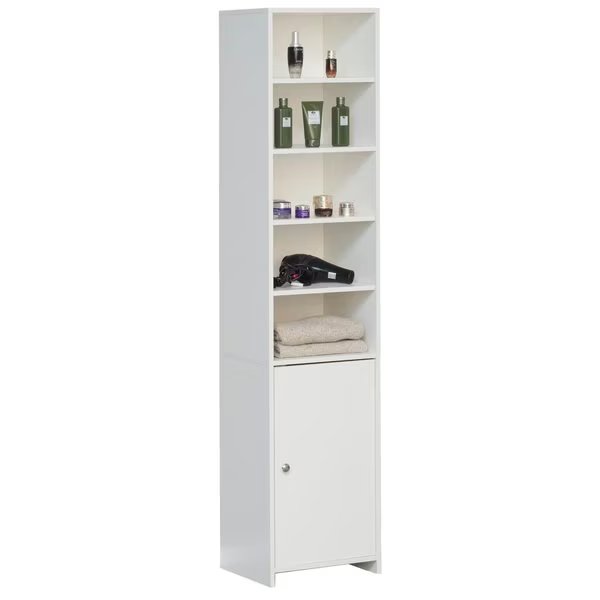 Tall Freestanding Bathroom Laundry Storage Organizer Cabinet  Linen Tower, White, Basicwise, Mfr#: QI003901.WT