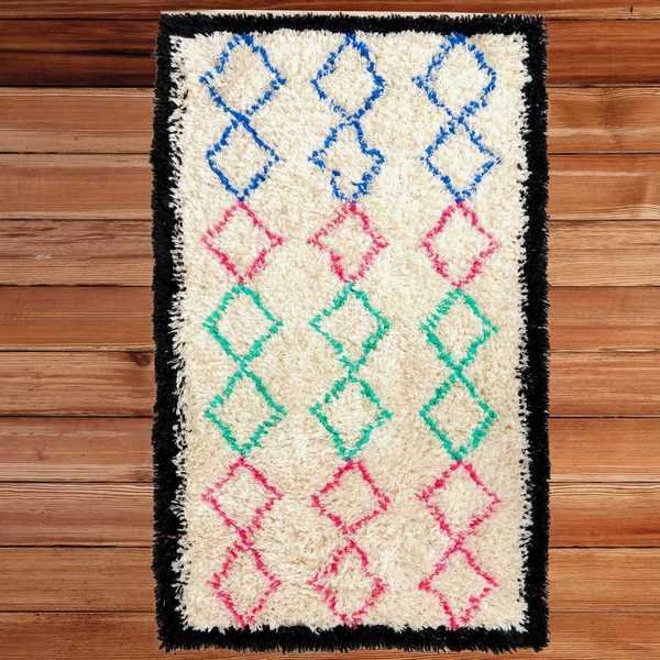 Handwoven Multicolored Geometric Trellis Plush Wool Shag Area Rug, 3' x 5', Deerlux, Mfr#: QI003932.XS
