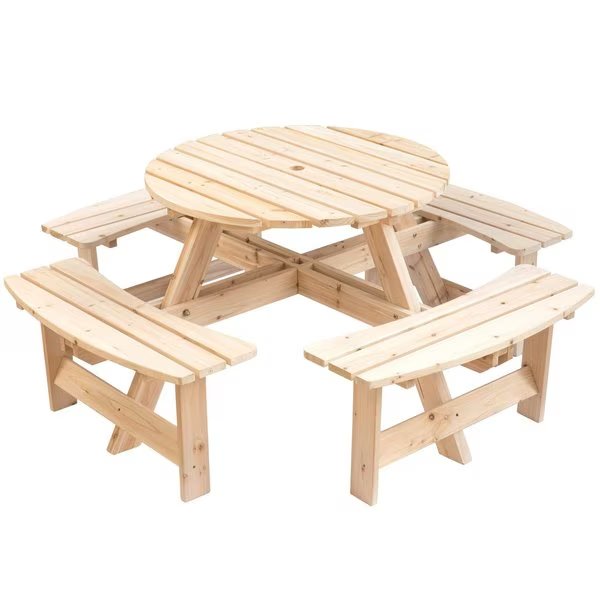 Wooden Outdoor Patio Garden Round Picnic Table with Bench, 8 Person- Natural, Gardenised, Mfr#: QI003903.N