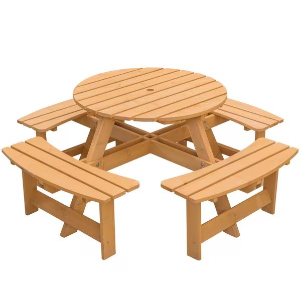 Wooden Outdoor Patio Garden Round Picnic Table with Bench, 8 Person - Stained, Gardenised, Mfr#: QI003903.ST