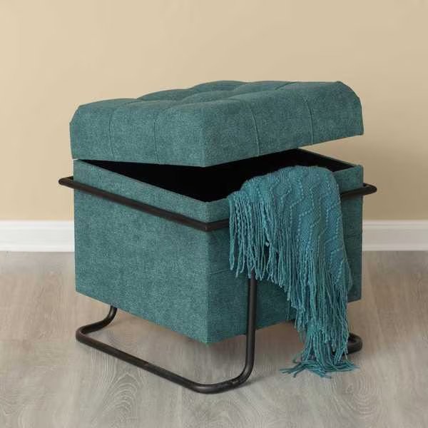 Square Fabric Storage Ottoman with Black Metal Frame, Blue, Fabulaxe, Mfr#: QI003941.BL