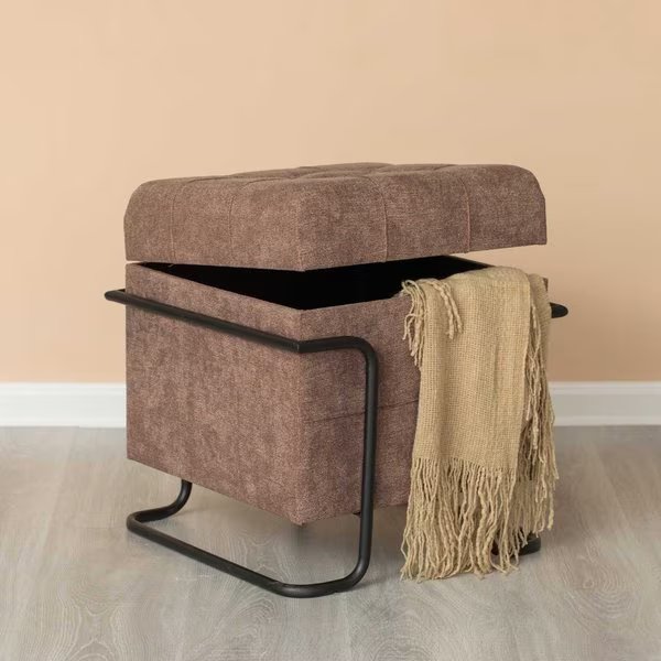 Square Fabric Storage Ottoman with Black Metal Frame, Brown, Fabulaxe, Mfr#: QI003941.BN