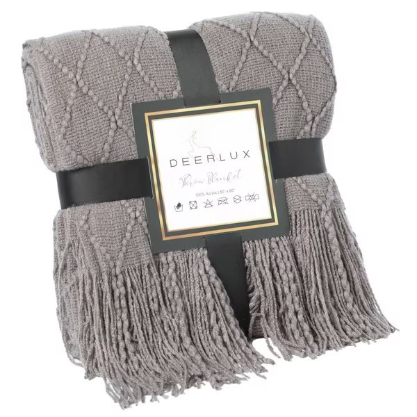 Decorative Diamond Pattern Knit Throw Blanket with Fringe, Gray, Deerlux, Mfr#: QI003966.GY