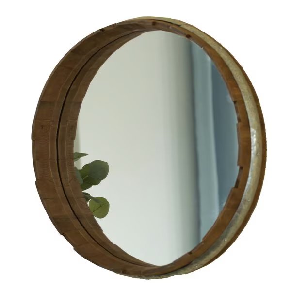Round Rustic Wood and Galvanized Metal Framed Wine Barrel Shaped Wall Mirror, Vintiquewise, Mfr#: QI003977