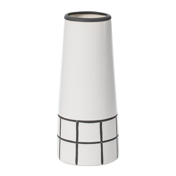 9.5 H Ceramic Modern Painted Grid Tapered Flower Table Vase, Black and White, Fabulaxe, Mfr#: QI004059.L