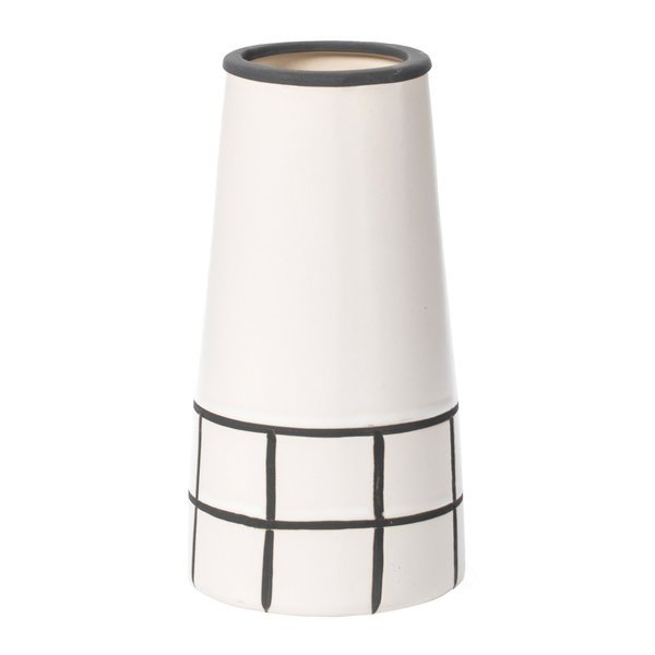 7 H Ceramic Modern Painted Grid Tapered Flower Table Vase, Black and White, Fabulaxe, Mfr#: QI004059.M