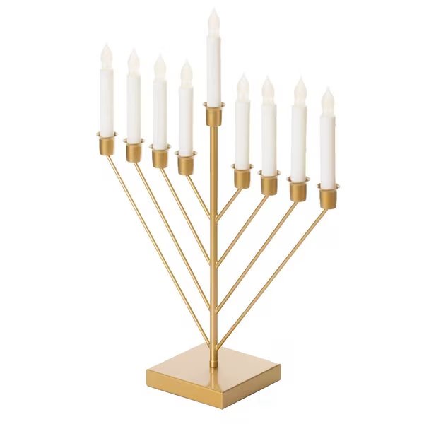 Nine Branch Electric Chabad Judaica Chanukah Menorah with LED Candle Design Candlestick, Gold, Vintiquewise, Mfr#: QI004204.GD