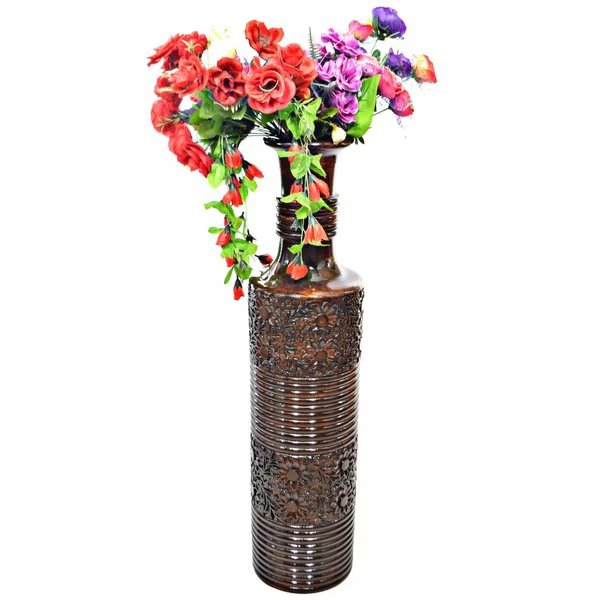 Antique Decorative Brown Hand Curved Mango Wood Floor Flower Vase with Unique Textured Pattern, 36", Uniquewise, Mfr#: QI004009