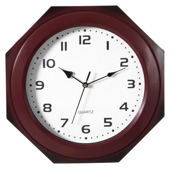 Brown Modern Octagon Shaped Wood- Looking Plastic Wall Clock for Living, Kitchen, or Dining, Quickway Imports, Mfr#: QI004143