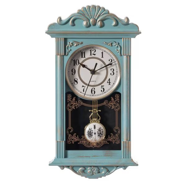 Vintage Grandfather Wood- Looking Plastic Pendulum Wall Clock for Living, Kitchen, or Dining, Blue, Quickway Imports, Mfr#: QI004145.BL