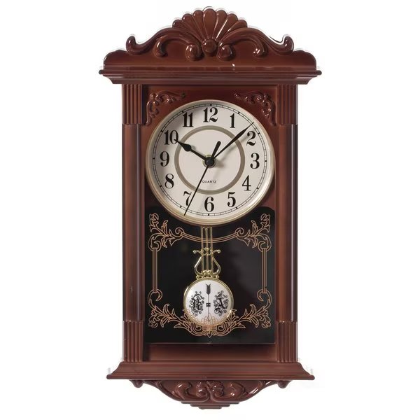 Vintage Grandfather Wood- Looking Plastic Pendulum Wall Clock for Living, Kitchen, or Dining, Brown, Quickway Imports, Mfr#: QI004145.BN